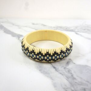 Native-Inspired Woven Bracelet Cream, Black, Blue Accents, 9" Inner Diameter